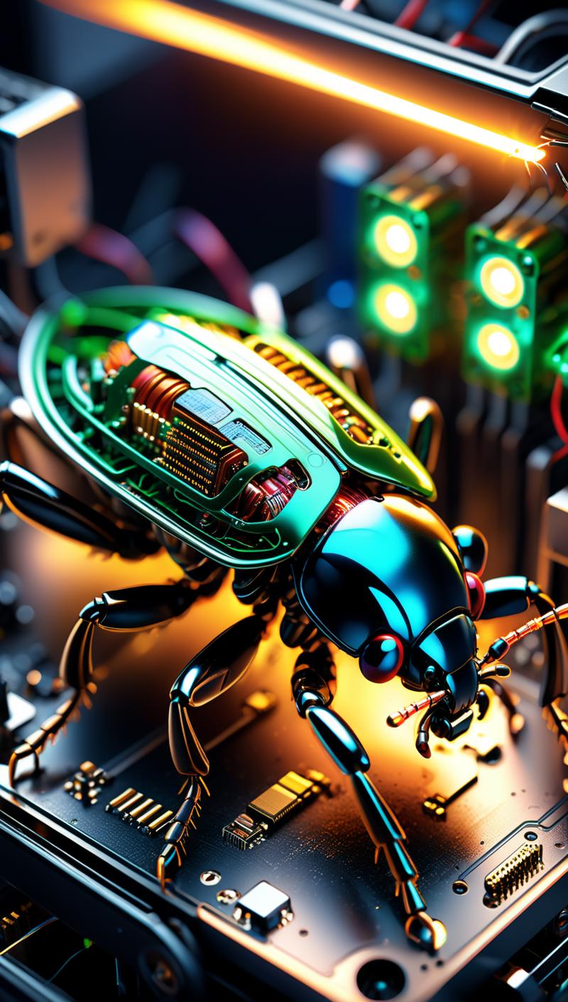 00726-2327887917-A bug made of electronic components, inside a computer case, eating computer components, with sparks and led lights., ultra hd,.png